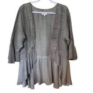 Crosstree Lane Open Boho Goth Top Bell Sleeves Shirttail Ruffle Hem Linen SZ LG